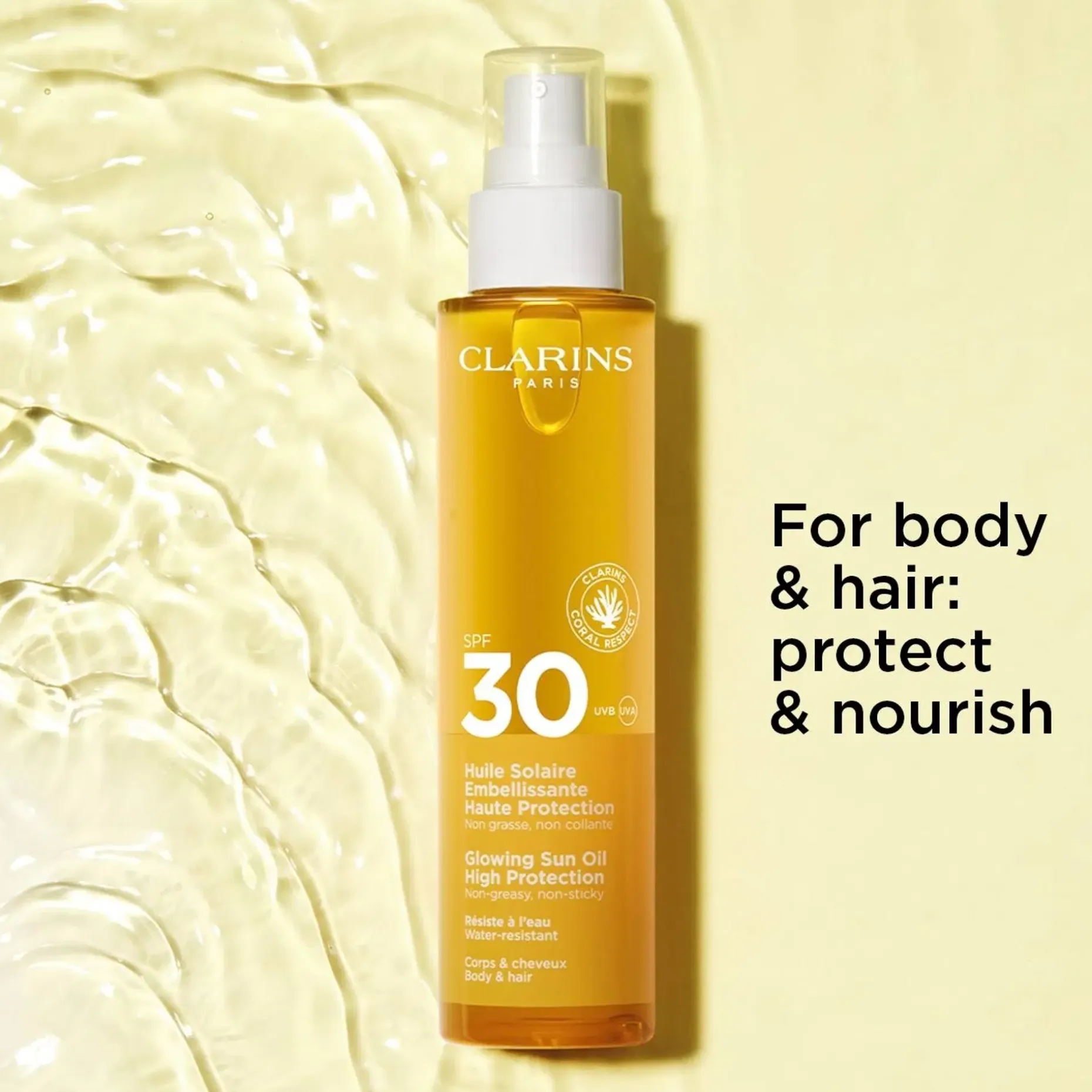 Clarins Glowing Sun Oil SPF 30 for body & hair aurinkosuojaöljy 150 ml