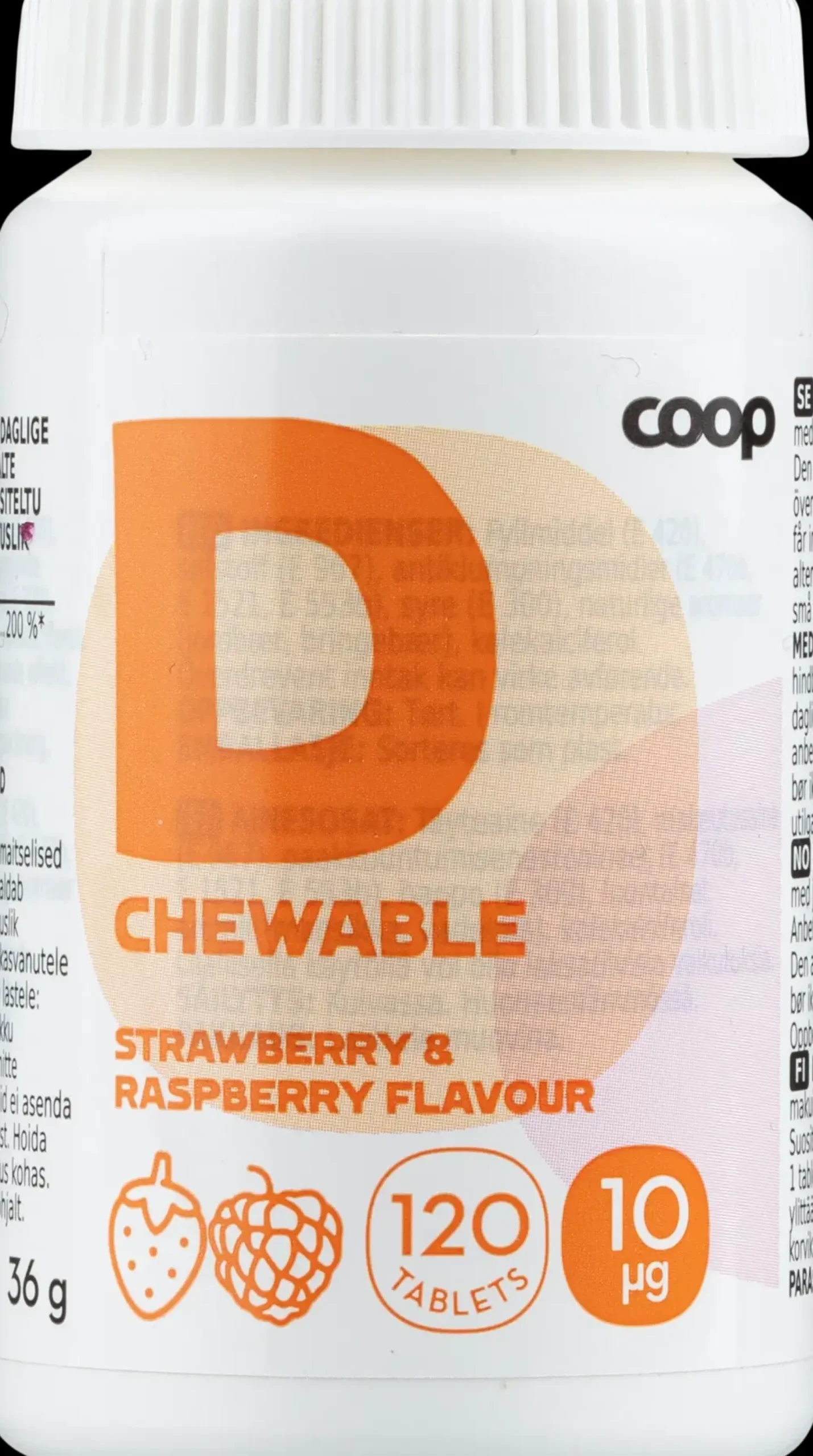 Coop D-vitamiini 10μg Mansikka-Vadelma 120 purutablettia