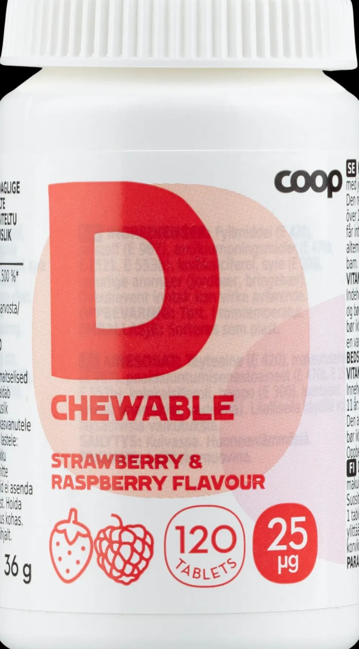 Coop D-vitamiini 25μg Mansikka-Vadelma 120 purutablettia